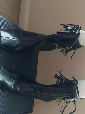 Black Fringe Knee-High Women's Boots